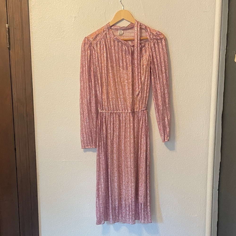 VINTAGE Woolite Pink Long Sleeve Midi Dress with Tie Neck